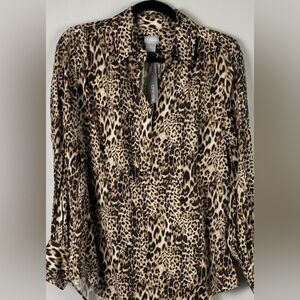 Chico's Brown and Black Relaxed Blouse with Notched Collar. Size 12-14